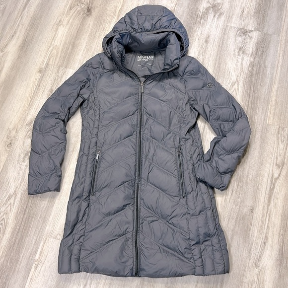 Michael Kors Packable Down Long Puffer Coat – Chevron Quilted Slate Gray / Sz M - Picture 1 of 9